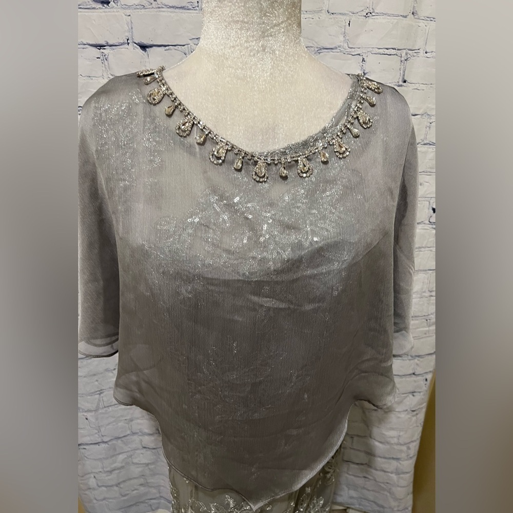 Ignite Evenings Embelished Mesh Asymetrical Cape gown silver/grey $180.00 12 - Picture 10 of 16